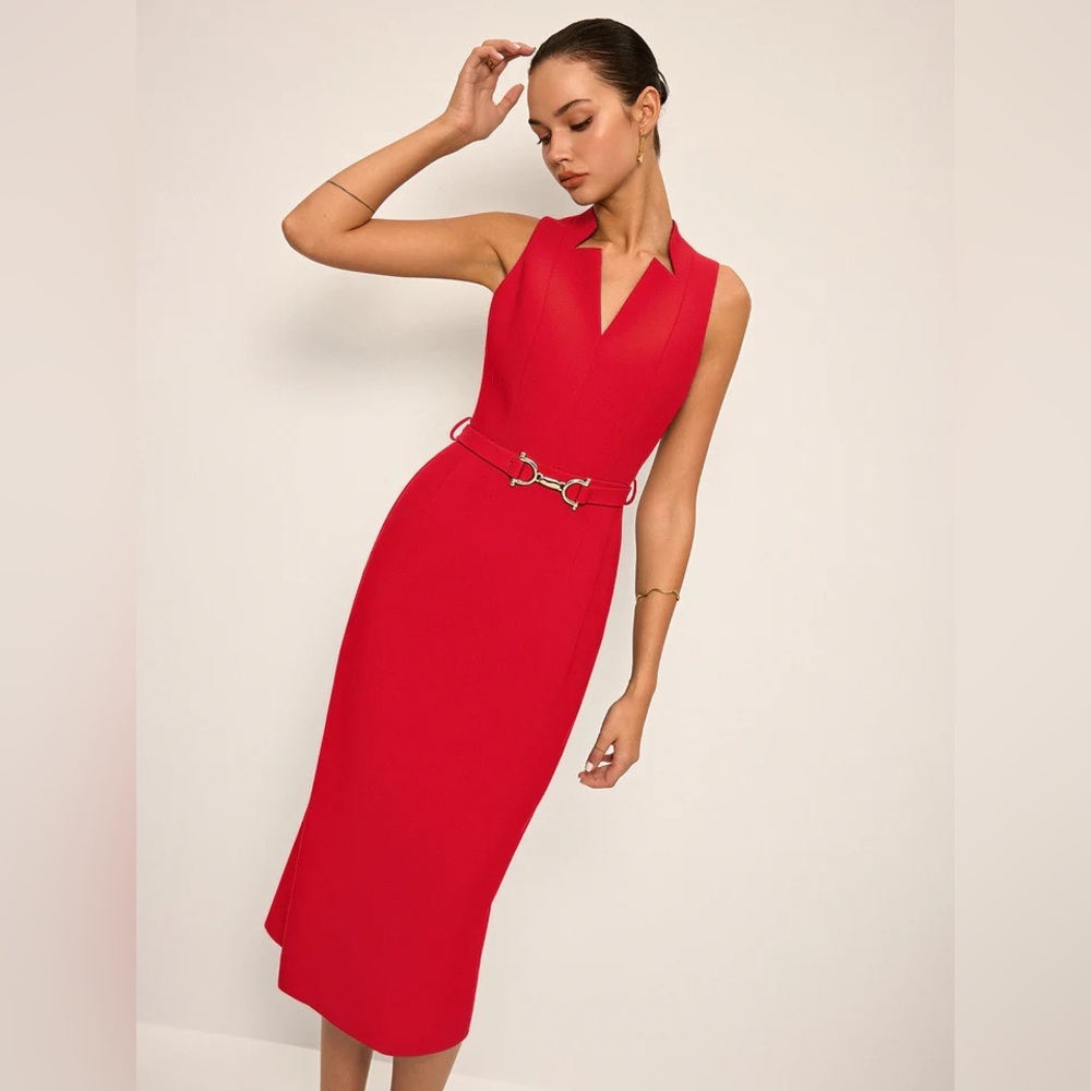 NWT Commense Red Sleeveless V-Neck Belted Midi Dress - Medium